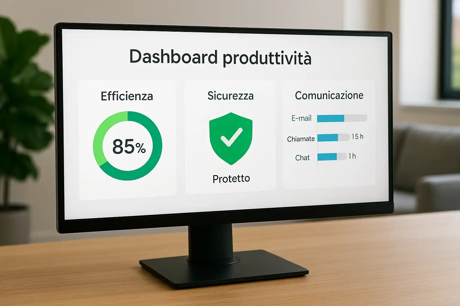 Cruscotto di produttività personale che mostra efficienza, sicurezza e comunicazione